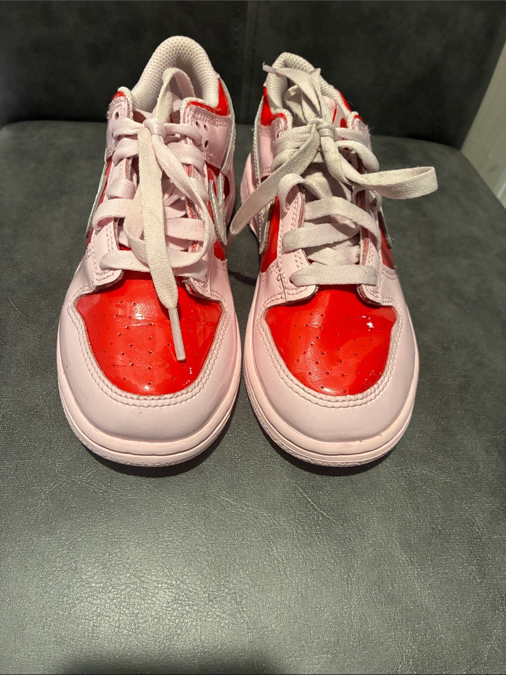 Nike Dunks Kids Pink and Red Low-Top Sneakers with Glossy Red Toe